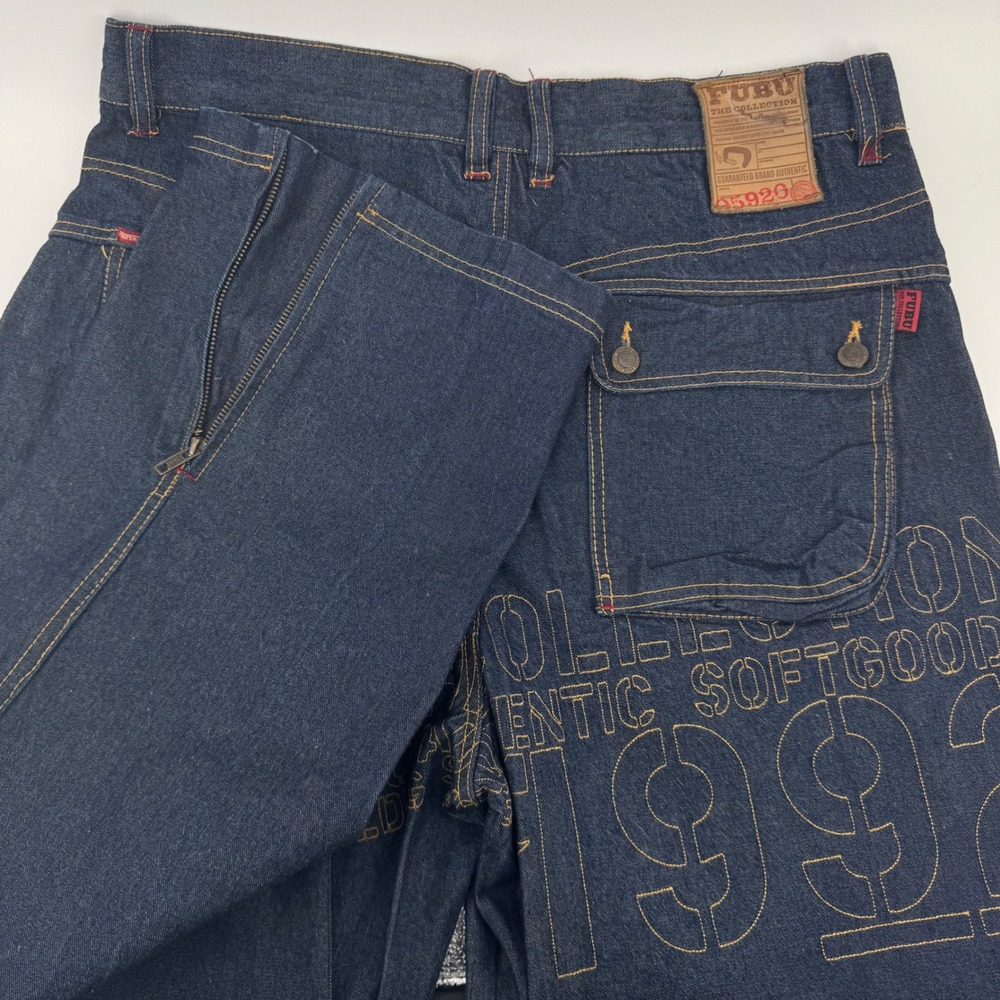 Vintage FUBU Baggy Jeans Mens 36x34 Dark Wash Embroidered Zipper Leg 90s Hip Hop